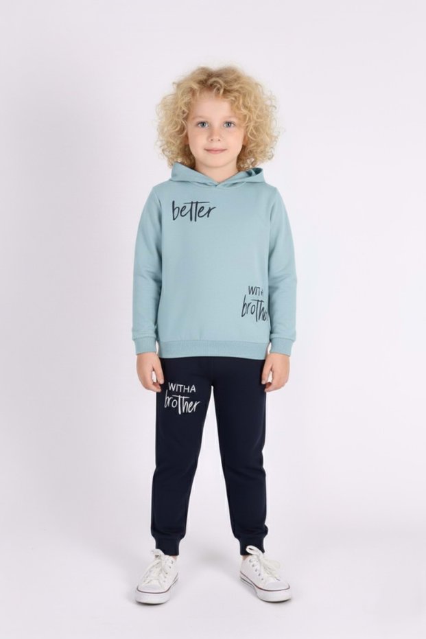 Printed Men's Hooded Kids' Tracksuit Mnk0627 Green
