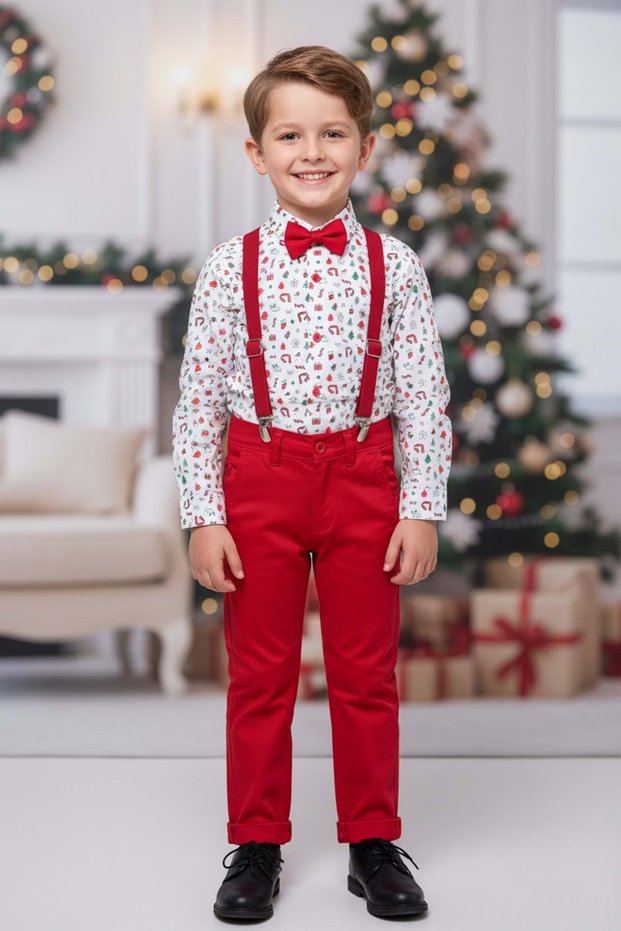 New Year's Themed Christmas Boy Suit Mnk0656 White - Red
