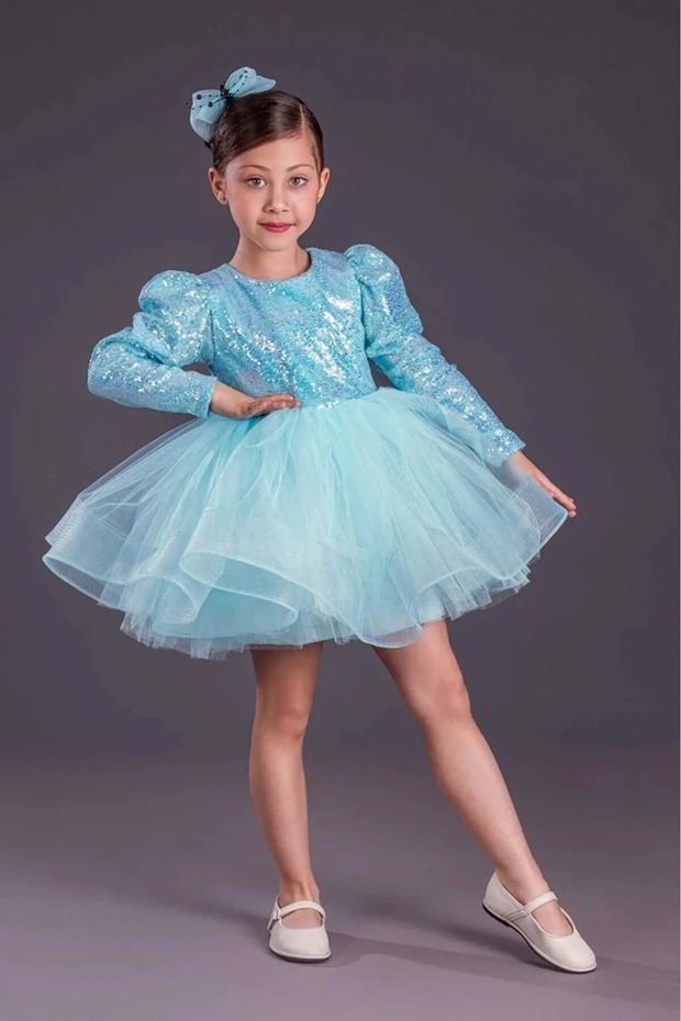 Girl's Sequined Long Sleeve Kitidi Dress with Tutu Green Skirt MNK0583 TURQUOISE