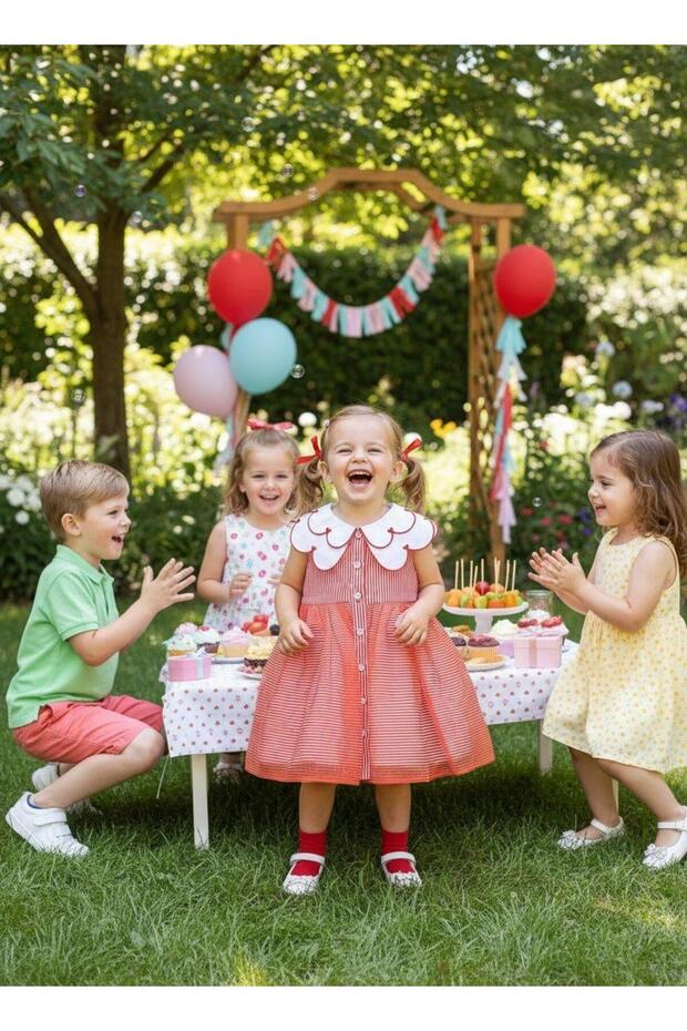 Girl's Red Striped Heart Collar Casual and Special Occasion Dress