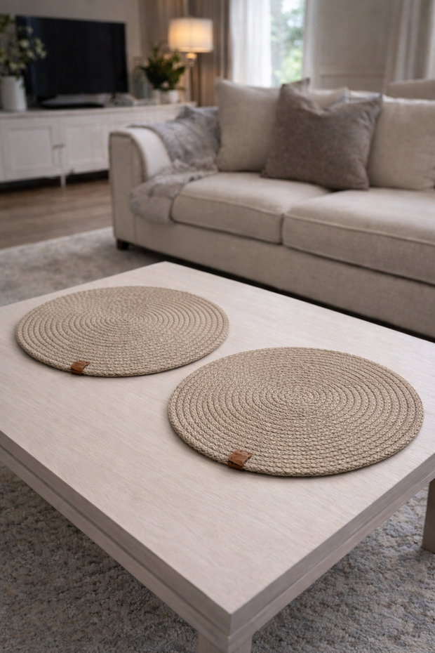 Beige Color 2 Pieces 32cm Placemat Set / Plate Mat / American Style / Stitched