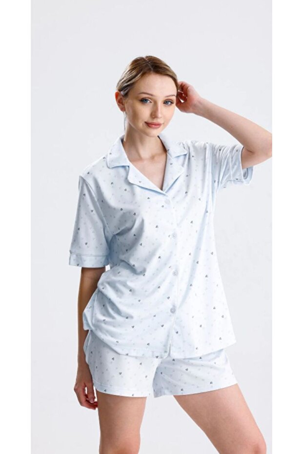 Women's Heart Patterned Short Sleeve Shirt Collar Shorts Pajama Set