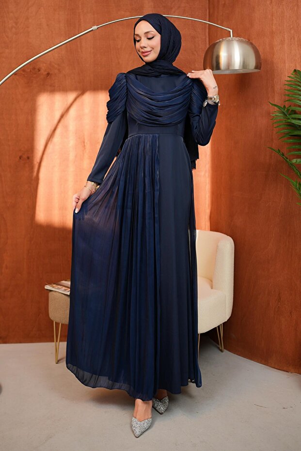 Navy Blue Satin Evening Dress with Draped Front and Draped Back
