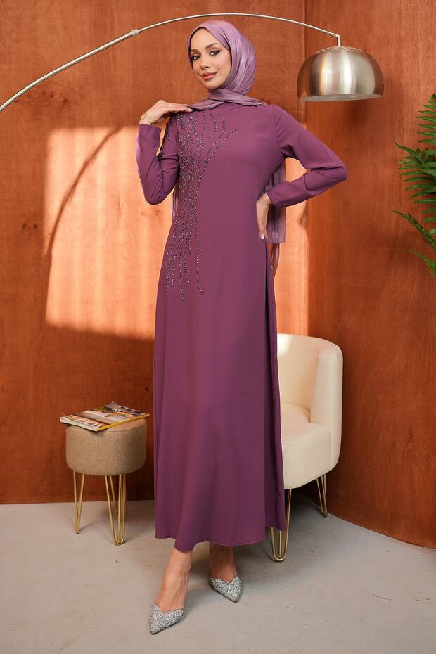 Dusty Rose Crew Neck Stone Embroidered Evening Dress