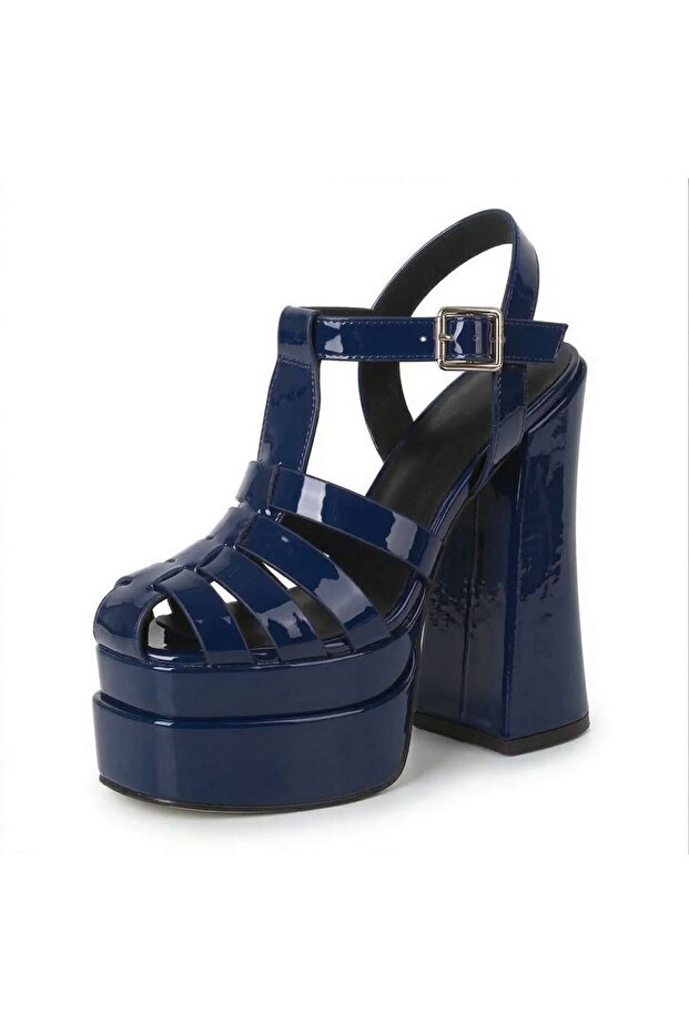 Camila Navy Blue Patent Leather Double Platform Design Women's Shoes