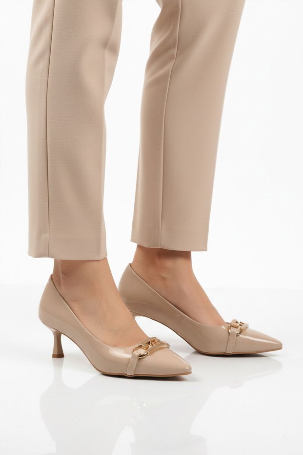 Beige Patent Leather Women's Heeled Shoes