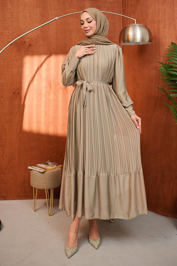 Khaki Belted Dress Tulle Detail
