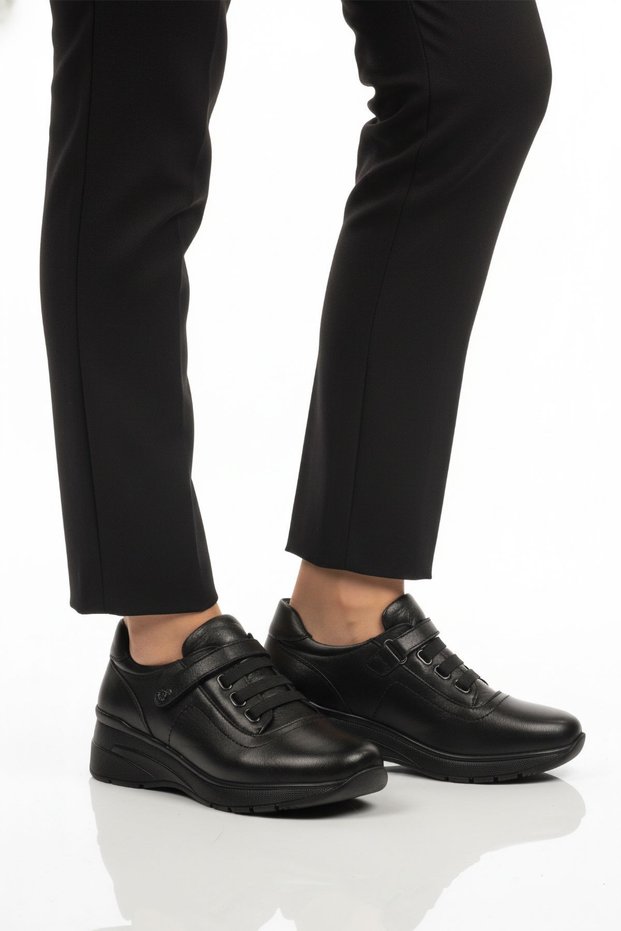 Black genuine leather women's casual shoes