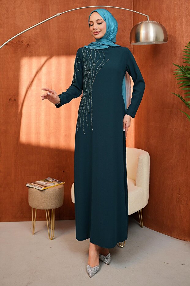 Petrol Blue Crew Neck Evening Dress with Stone Embroidery