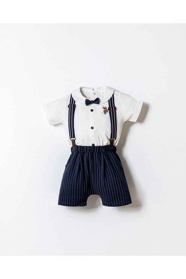 Baby Boy 2-Piece Stylish Set – Poplin Shirt & Woven Shorts with Suspenders, Bow Tie Detail
