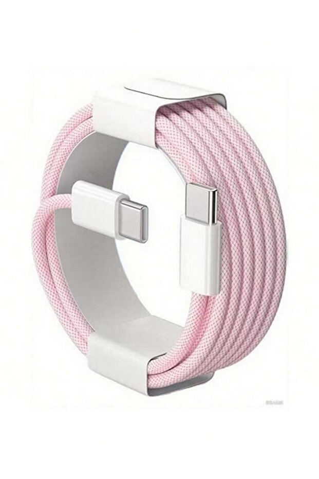 كابل شحن سريع وردي اللون بطول متر واحد، متوافق مع أجهزة آيفون 17/16/15، من نوع USB-C إلى Type-C، مصنوع من النايلون.