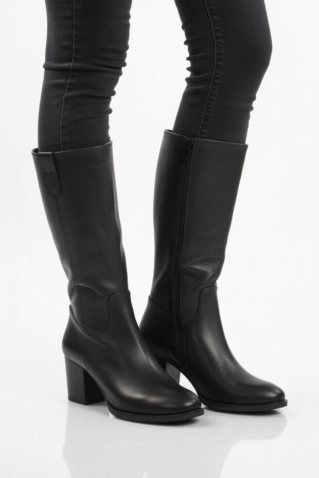 Black Genuine Leather Zippered Fleece Women's Heeled Boots