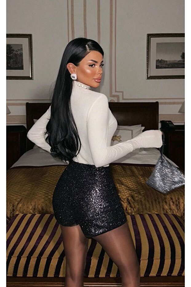 gri payetli detaylı şort - 4