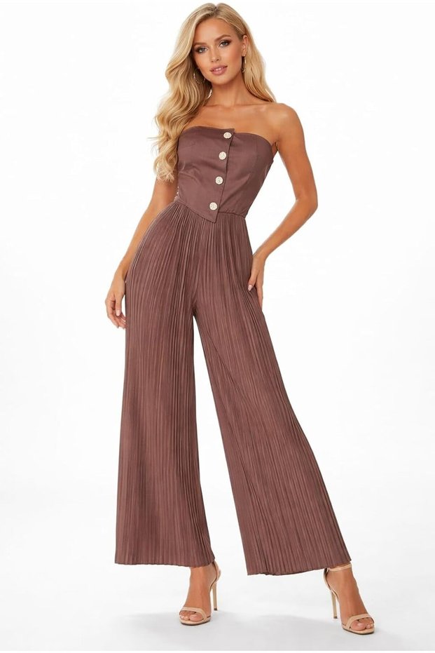 Women's Elegant Pleated Wide-Leg Jumpsuit with Button Detail – Sleeveless Formal
