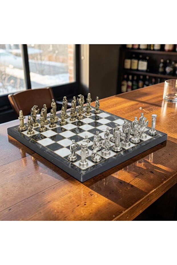 Luxury Metal Chess Set Chrome Plated Ottoman Vs Byzantine Armies – Black Marble Patterned Board 20 cm