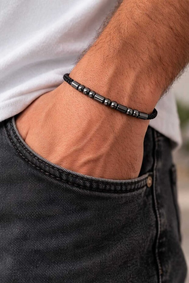 Hematite Look Cylinder and Round Beaded Black Braided Men's Bracelet