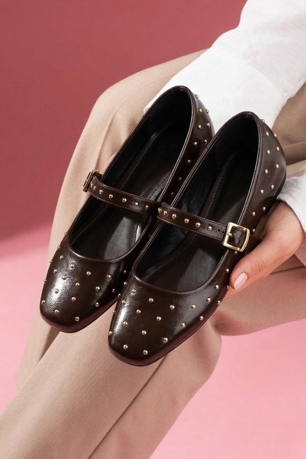 Vittoria Brown Skin Metal Mini Troklu Gold Buckled Single Band Ballet Flats