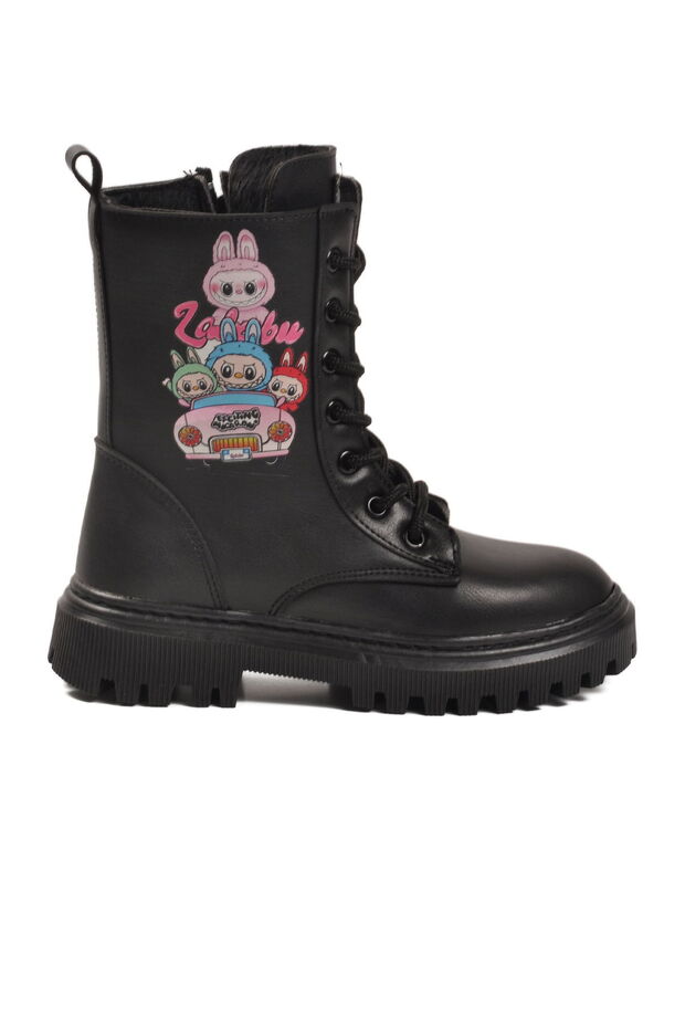 Black Fur-Lined Lace-Up Zippered Girl's Boots