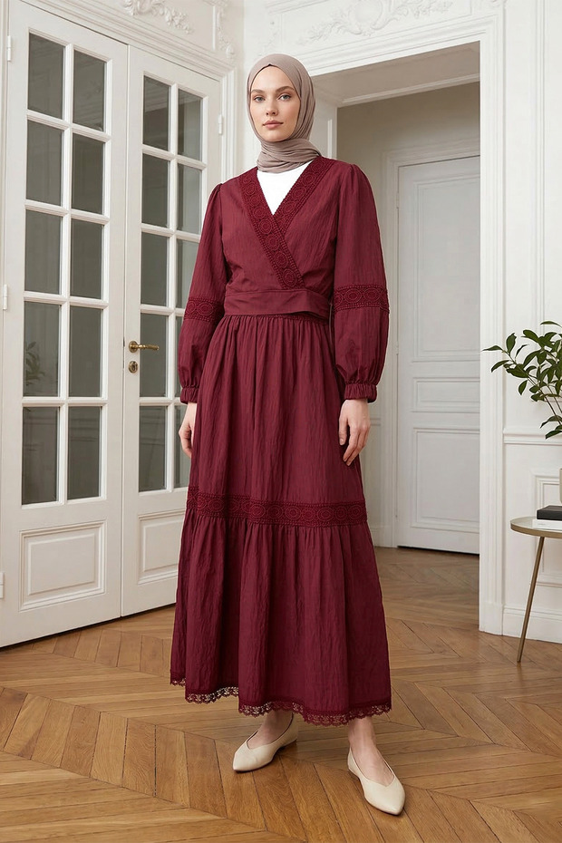 Lace Detailed Kraş Blouse Skirt Burgundy Set