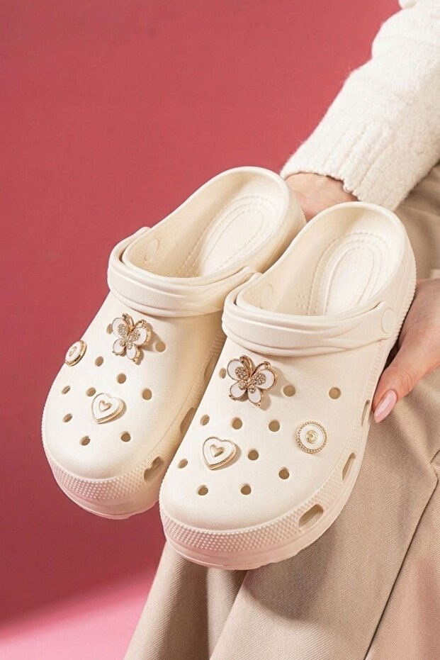 Ronda Beige Butterfly Heart Accessory Perforated Closed Front Wet Floor Mat Slipper and Sandals