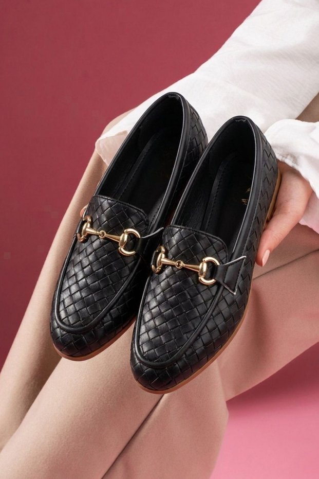 Pielza Black Knitted Textured Metal Buckle Women's Loafers Ballet Flats Casual Shoes