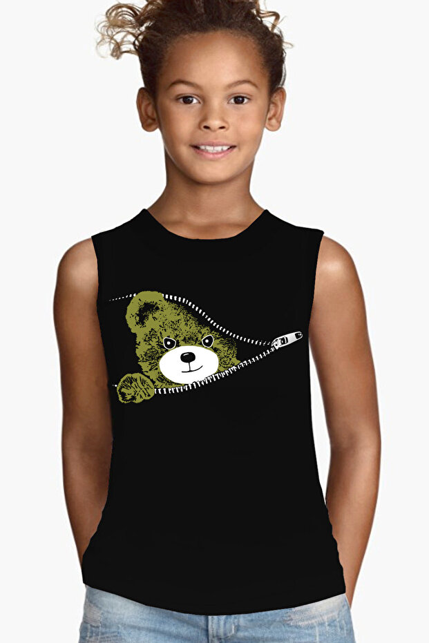 Zippered Teddy Black Cut Sleeve Girls' T-Shirt