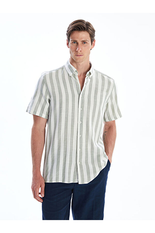 Regular Fit Short Sleeve Striped Dobby Men's Shirt