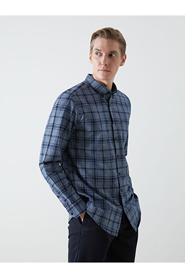 Regular Fit Long Sleeve Plaid Poplin Men's Shirt