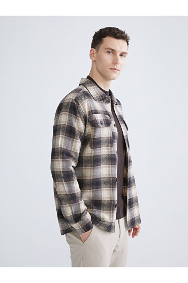 Regular Fit Long Sleeve Plaid Men's Shirt Jacket
