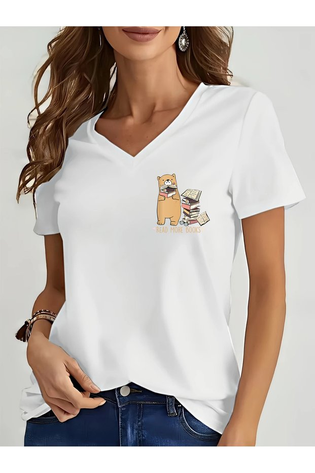 Women's Cute Bear Printed V-Neck Sleeved Regular Fit T-Shirt