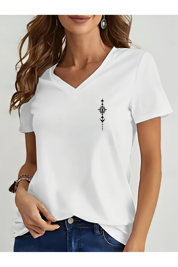 Women's Minimal Printed V-Neck Sleeved Regular Fit T-Shirt