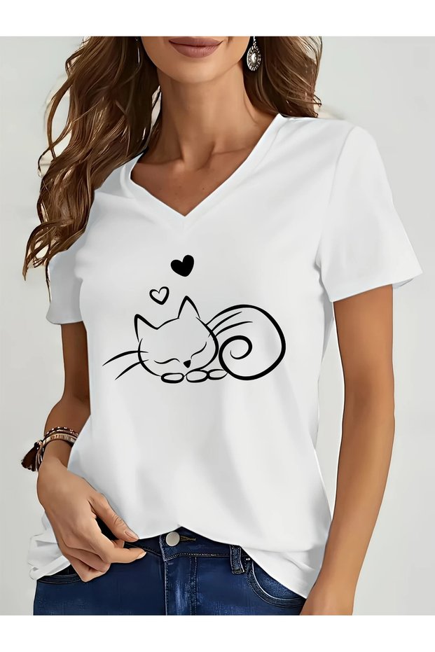 Women's Cat Printed V-Neck Sleeved Regular Fit T-Shirt