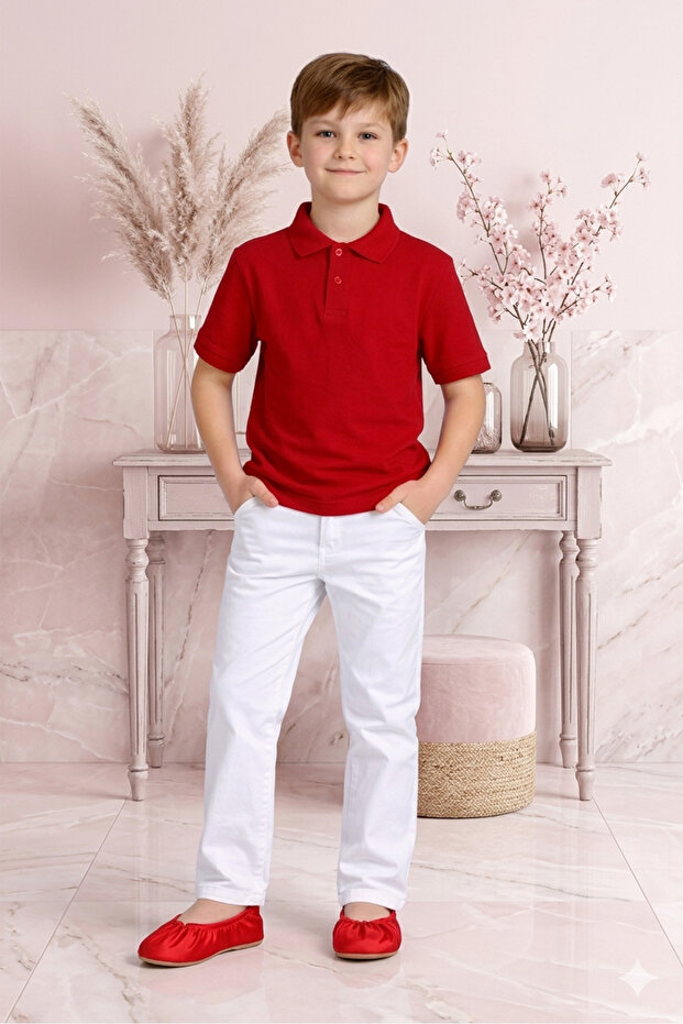 Boy's White Pants Red Shirt Collar T-Shirt Stylish and Quality Top and Bottom Set