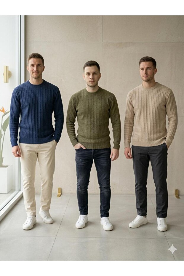 3-Piece Men's Slim Fit Crew Neck Corded Fabric Knit Sweater – Premium Cotton Blend