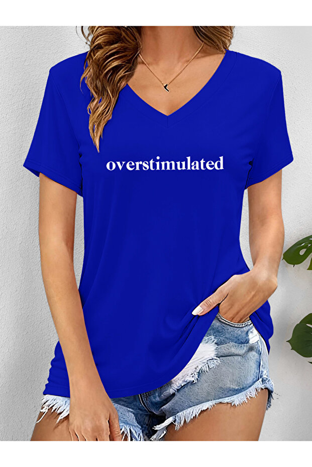 Women's Summer Printed V-Neck Sleeved Regular Fit T-Shirt