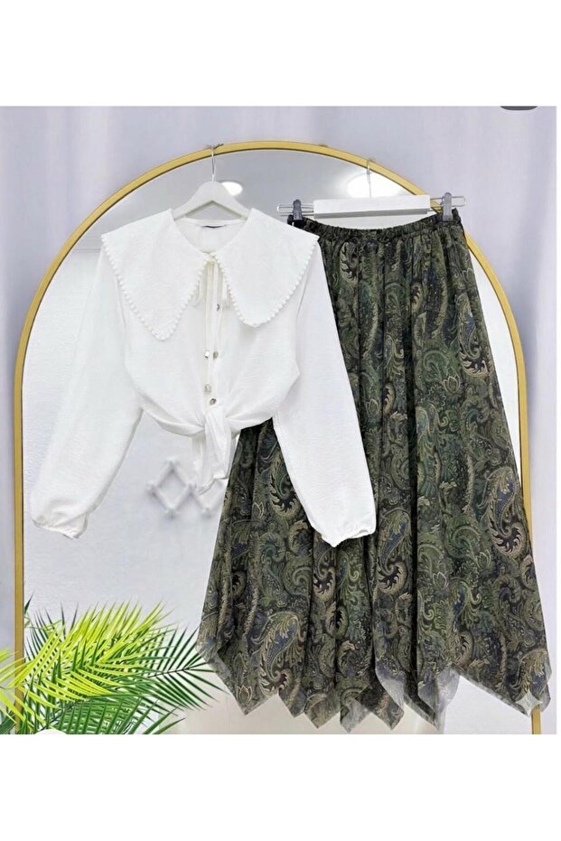 Fisto Shirt and Asymmetric Chiffon Skirt Dual Set