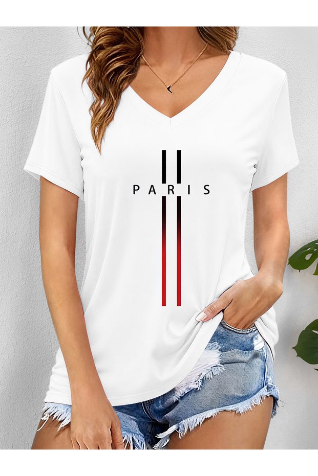 Women's Paris Printed V-Neck Sleeved Regular Fit T-Shirt