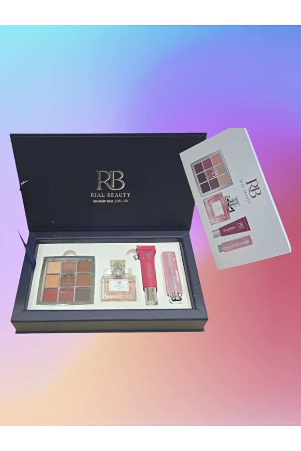 طقم هدايا ظلال عيون + عطر فواح وبرائحة مميزه وثابته + أحمر شفاه سائل + أحمر شفاه بوكس تجميل مكياج