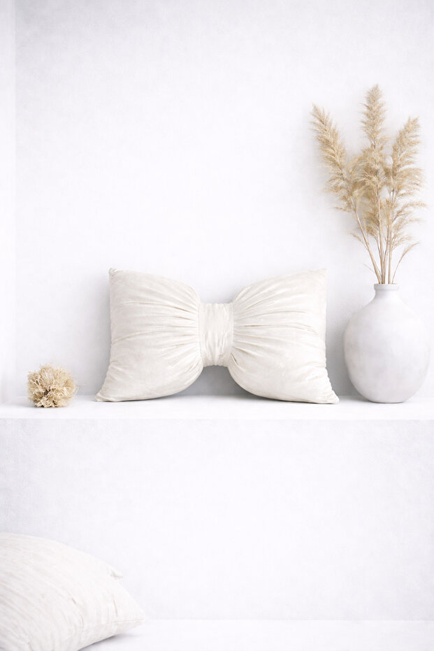 White Velvet Bow Design Decorative Stuffed Throw Pillow