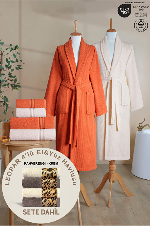6 Piece Striped Bathrobe Set 100% Cotton Certified + Gift Leopard 4-Piece Brown Cream Hand and Face Towels Dowry