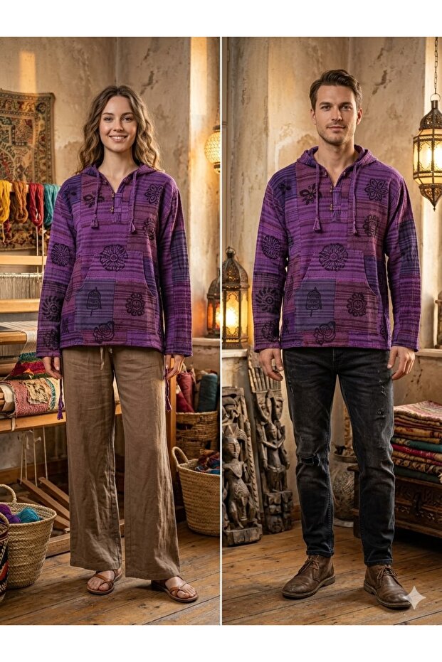 Unisex Indian Ethnic Vintage Patterned Hooded Kangaroo Pocket Sweatshirt