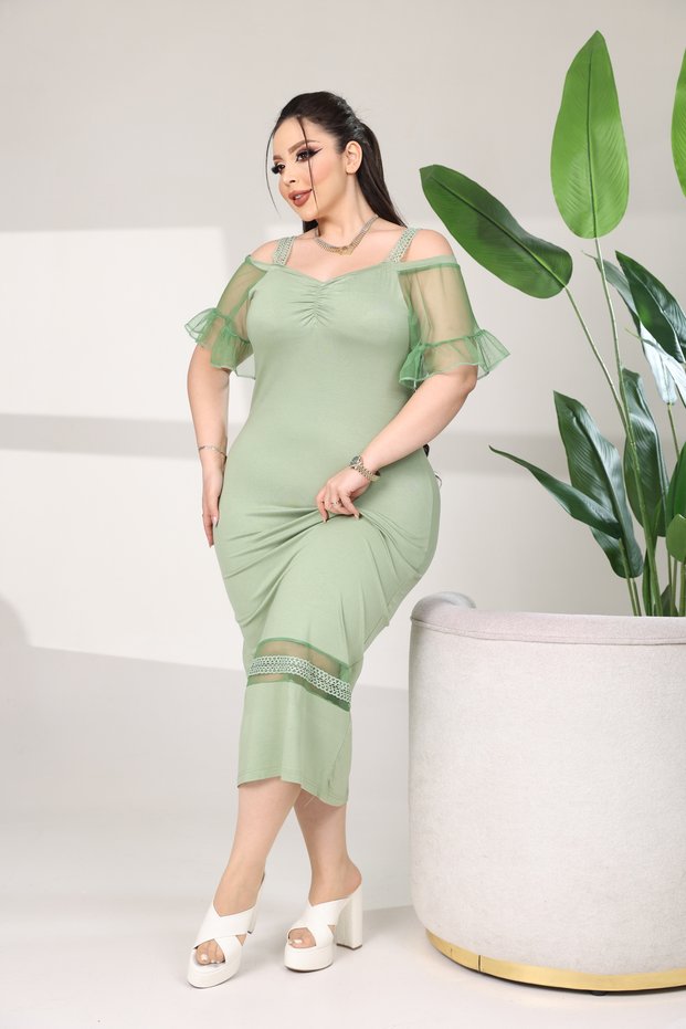 Plus Size Ruffled Tulle Sleeves Thick Straps Front Ruched Hem Tulle Above Top Lace Above Skirt Stretchy Fabric Dress