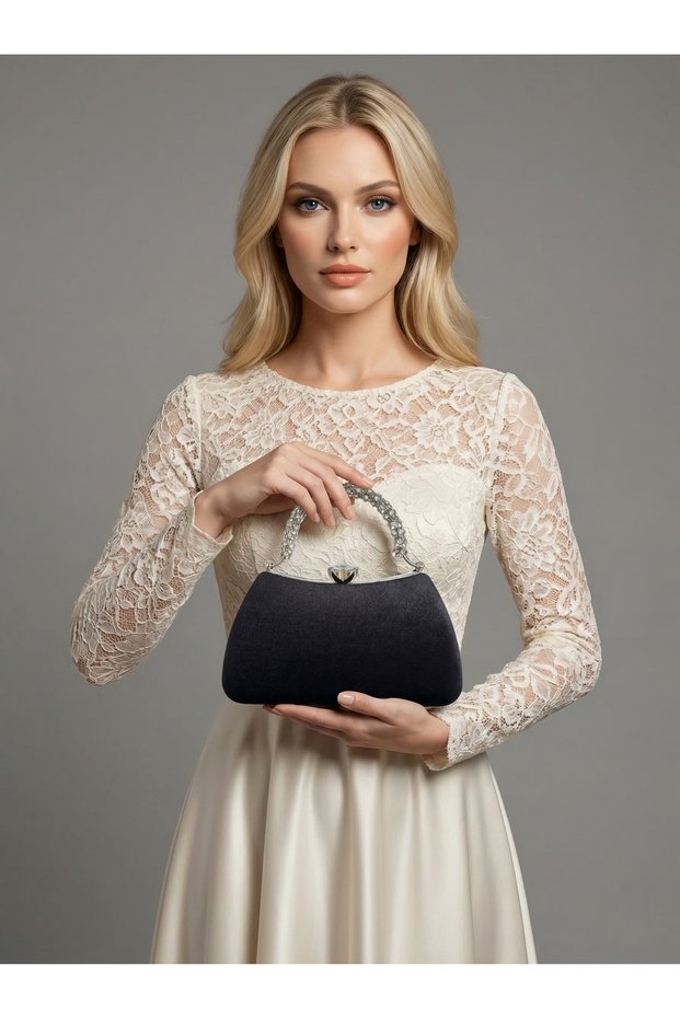 Black Color Imported Luxury K Velvet Chain Metal S Strappy Crystal Stone Women's Evening Dress Bag