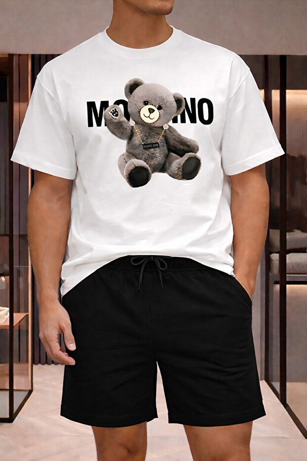 Unisex Teddy Smile Bear Printed %100 Cotton Breathable Fabric T-Shirt Shorts Set