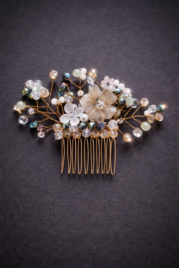 Crystal Stone Bridal Hairpin – Floral Gold Comb Hairpin Engagement Wedding Accessory