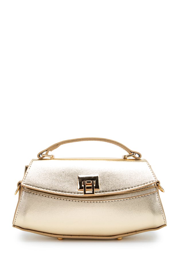 Lock Detailed Baguette Luvia Women's Crossbody Bag Gold