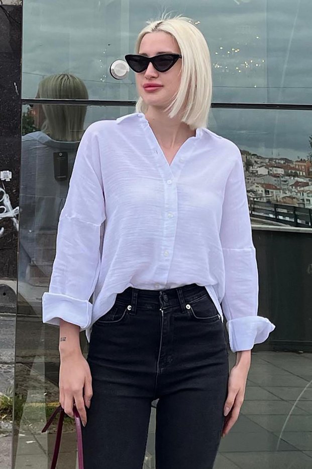 Beyaz Muslin Kumaş Basic Kadın Gömlek