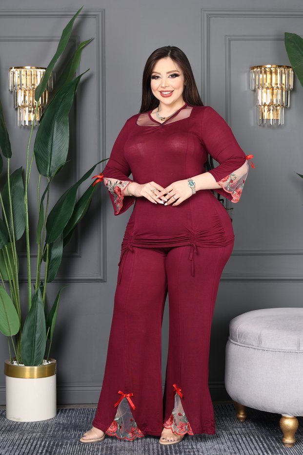 Large B.Eden V-Neck Sleeve End and Tulle Pants Top with Embroidery, Front Gathered with Bow, Premium Set