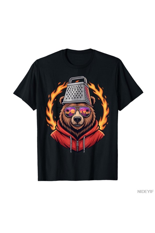 Retro Cheese Grater Bear with Hat and Sunglasses Funny T-Shirt Men Women 100% Cotton Tee Shirt