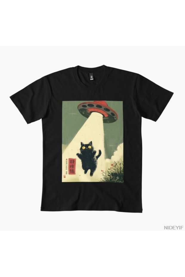 Cat Selfie Alien Ufo Funny Japanese Cat Retro T-Shirt Men Women 100% Cotton T-Shirts Kıs
